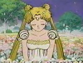 Princess Serenity surrounded by flowers with trees in the background